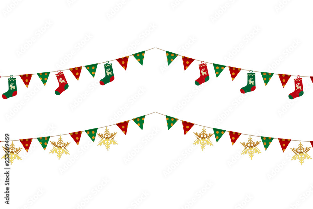 イラスト素材 白背景 クリスマスのイメージの三角旗 パーティーフラッグ 横位置 Christmas Party Flag Vector De Stock Adobe Stock