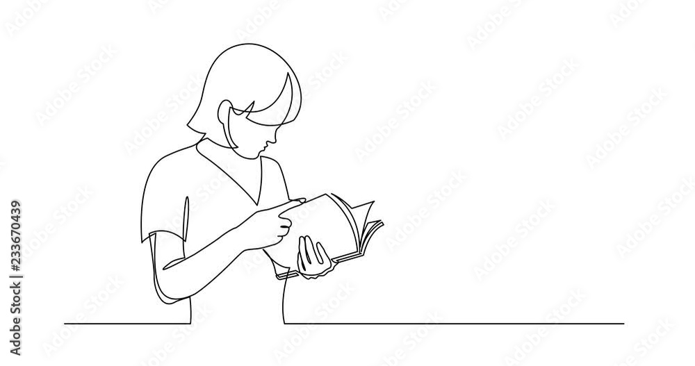 Self Drawing Line Animation of continuous line drawing of standing young woman reading book Self Drawing Line Animation of continuous line drawing of standing young woman reading book