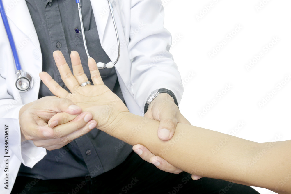Obraz premium Trigger point. Doctor medical examination of the patient's wrist. Have muscle pain, sting of hands and fingers. Causes of office syndrome and lock fingers.Health and Bone Health Concepts