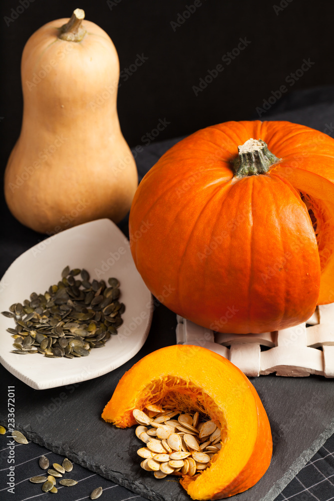 Butternut squash and orange pumpkin with seeds. Butternut squash and orange pumpkin with seeds.