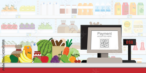 Cash register electronic QR code payment in supermarket.