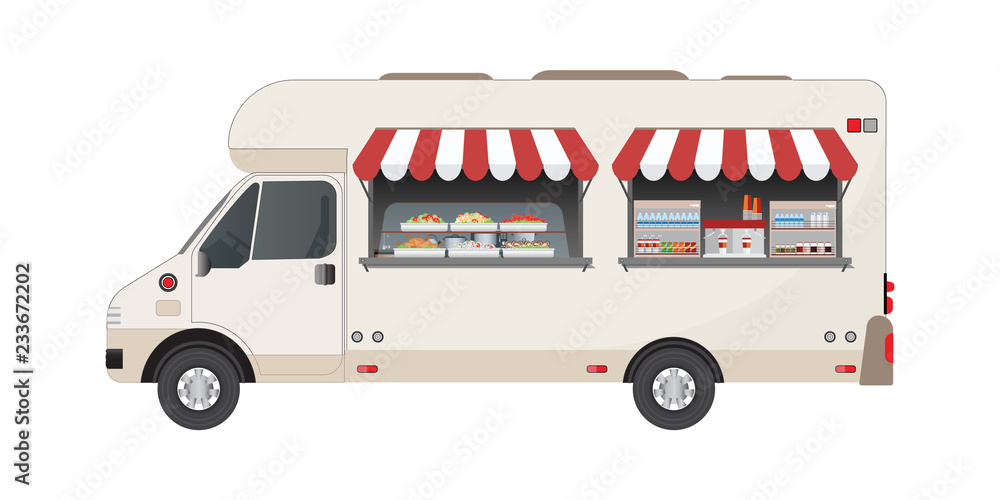 Food truck side view with food and drink. Food truck side view with food and drink.