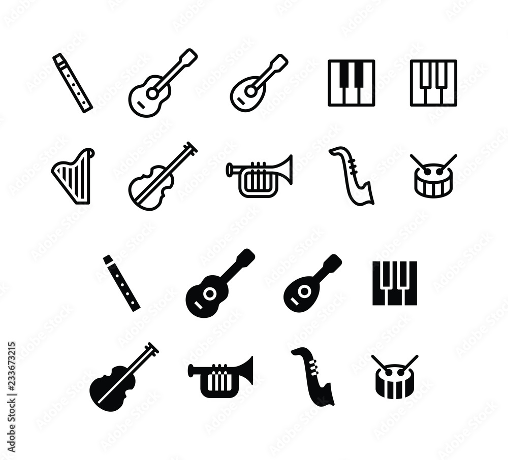 Music Instruments Icon Logo Vector Symbol including Flute, Guitar, Piano,  Drum, Saxophone, Trumpet, Violin, etc Stock Vector | Adobe Stock
