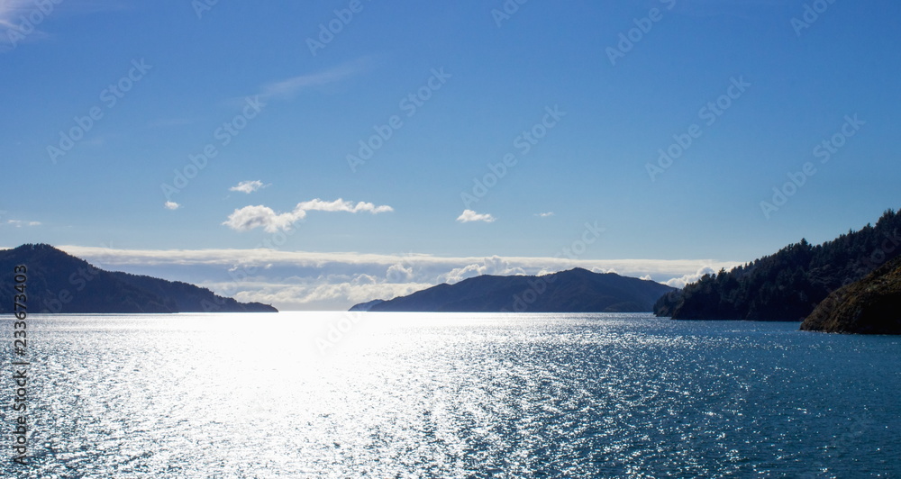 Landscape view of the Marlborough Sounds, New Zealand.