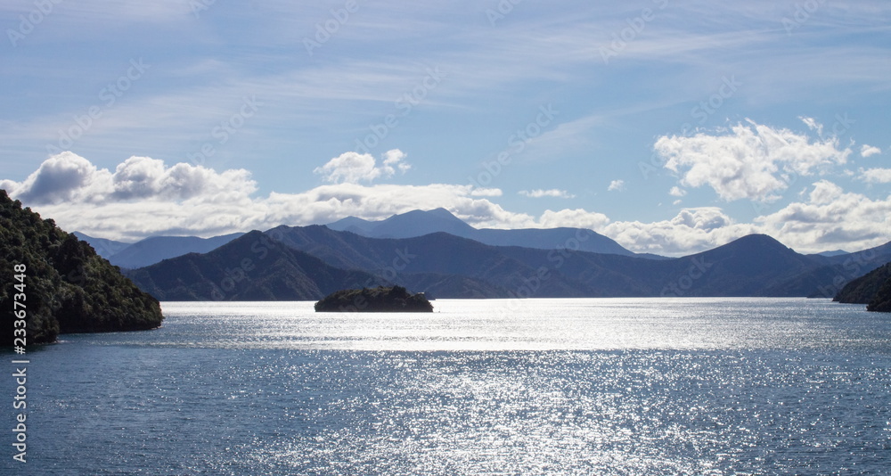 Landscape view of Queen Charlotte Sound from Picton, New Zealand.