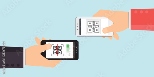 Two hand holding mobile phone to scanning QR code.