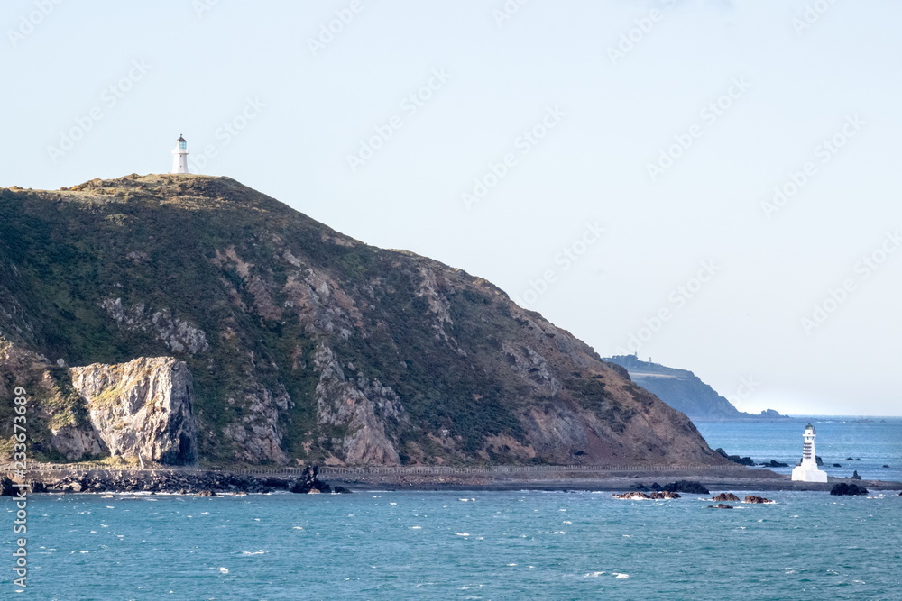 Lighthouses at Pencarrow Head in the Wellington Region of New Zealand.