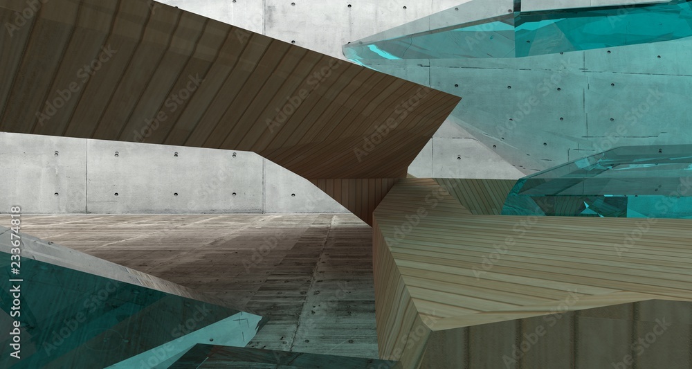 Fototapeta premium Abstract concrete and wood interior with window. 3D illustration and rendering.