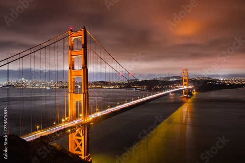 Night view of Golden Gate Bridge connecting San Francisco and the Marin Headlands, California; long exposure