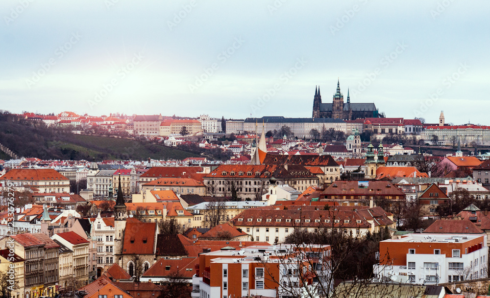 Top view to red roofs skyline of Prague city , Czech republic in the morning