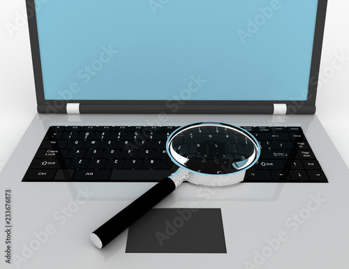 3d laptop with lens . 3d rendered ullustration photo