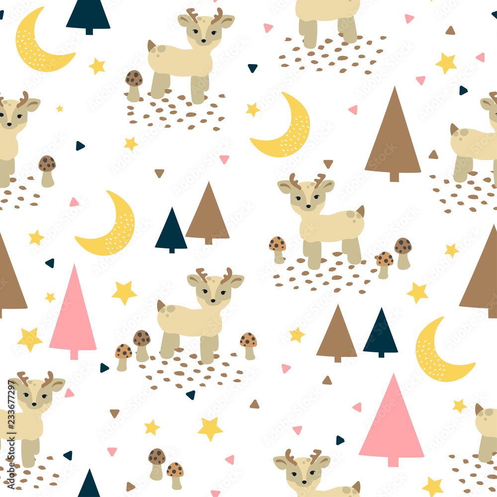 Seamless childish pattern with cute deer and fir trees. Creative kids ...