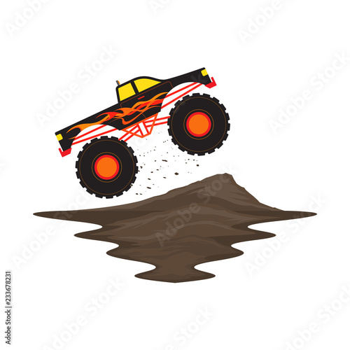 Monster Truck Off Road with Fire and Flame Jump on Dirt Track Vector