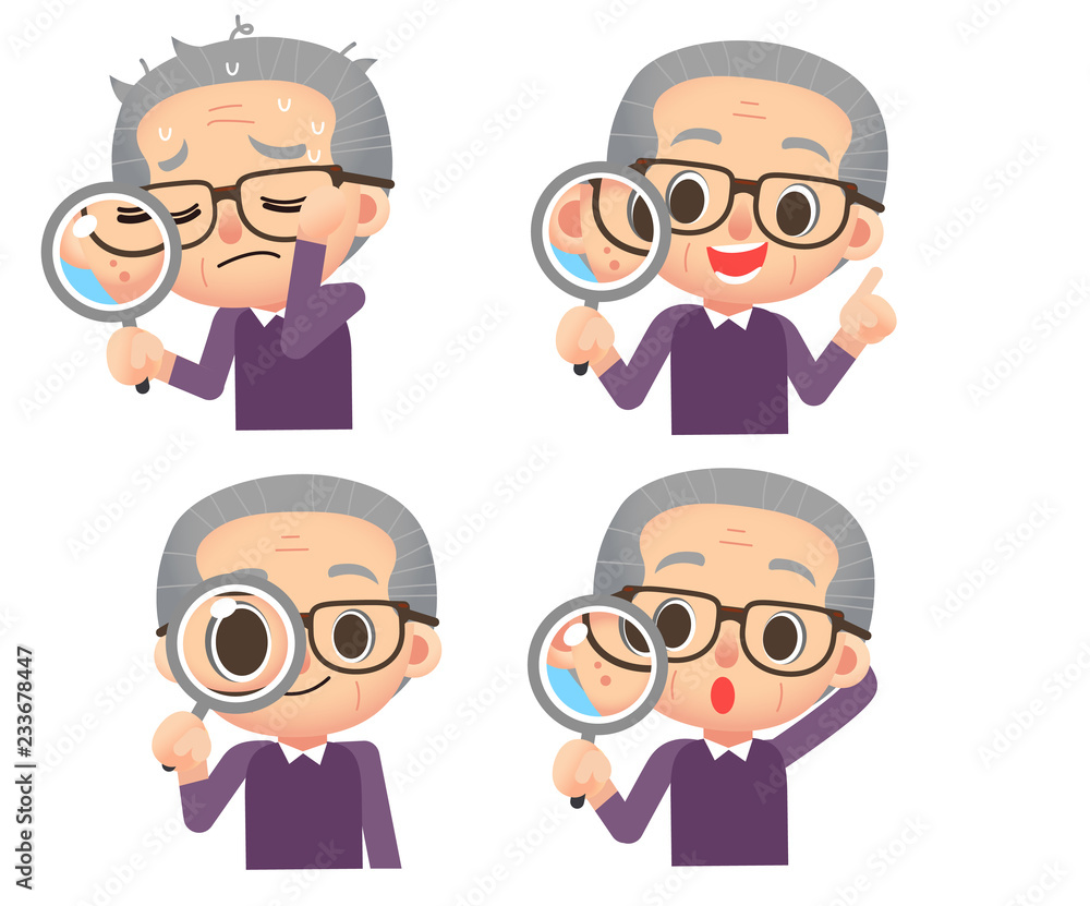 Vector set of male elderly character holding magnify glass in different actions