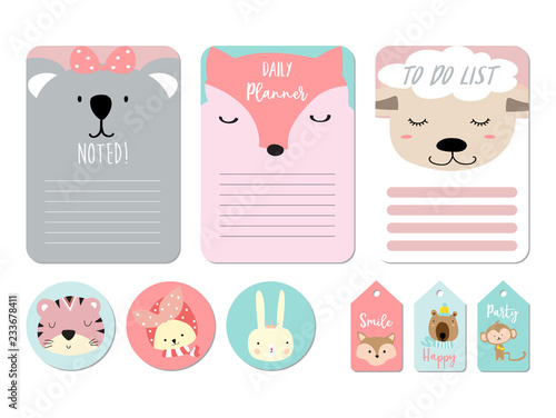 Pastel printable with bear,sheep, fox, koala, tiger, rabbit in funny style.with wording smile,happy,party photo