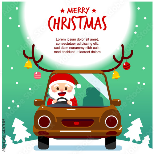 Vector cute Santa Claus character driving a car with funny decorations and Merry Christmas message