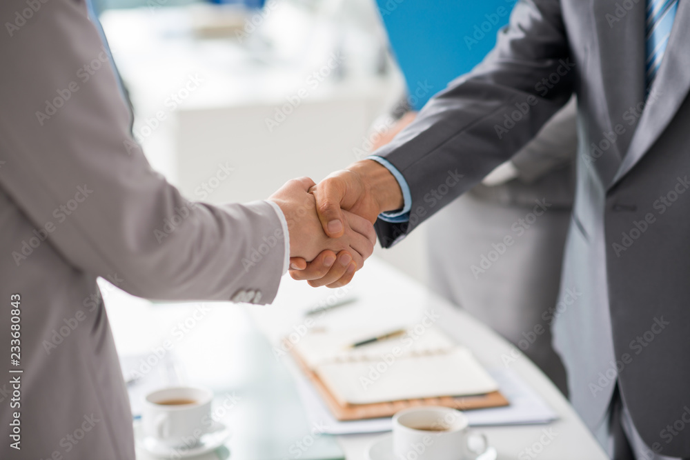 Hands of business people shaking hands after successful meeting Hands of business people shaking hands after successful meeting