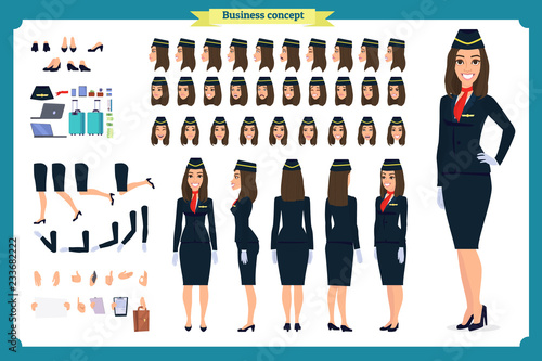 Woman character creation set. The stewardess, flight attendant. Icons with different types of faces and hair style, emotions, front, rear side.