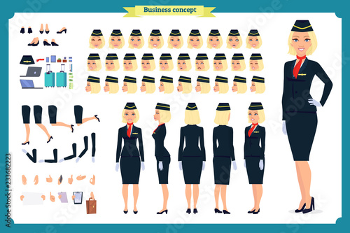 Woman character creation set. The stewardess, flight attendant. Icons with different types of faces and hair style, emotions, front, rear side.