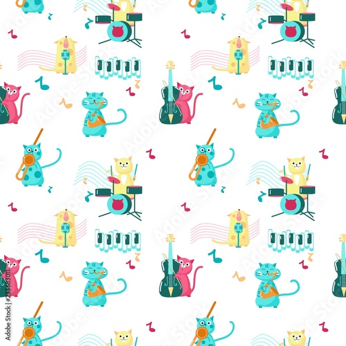Fototapeta Naklejka Na Ścianę i Meble -  Vector seamless pattern with cute music cats