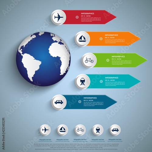 Tourism infographic elements set with world map travel by boat, car, plane and bicycle destinations vector illustration