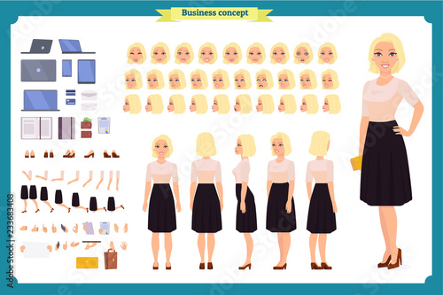 Pretty female office employee character creation set. Full length, different views, emotions gestures. Business casual women fashion. Build your own design. Cartoon flat-style infographic illustration
