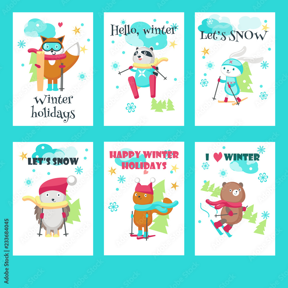 Fototapeta premium Vector set of cards with cute skiing animals