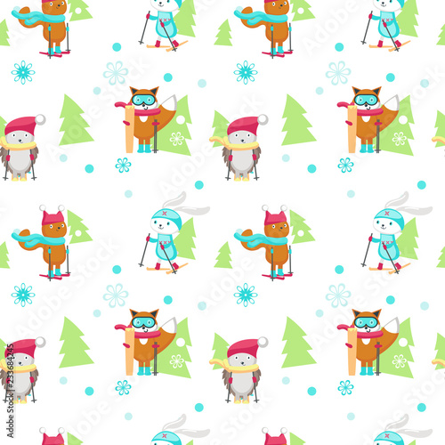 Vector seamless pattern with cute skiing animals
