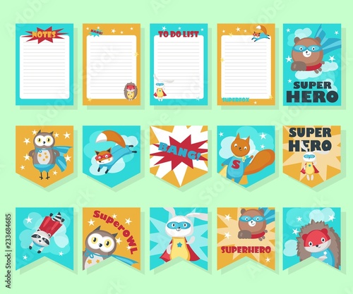 Vector set of cards with cute superhero animals