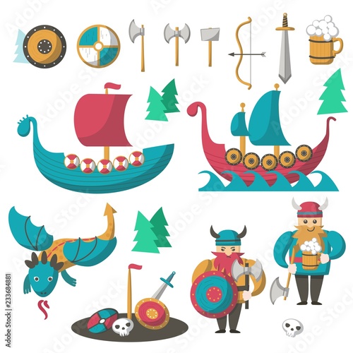 Vector flat vikings, flying dragon and longships