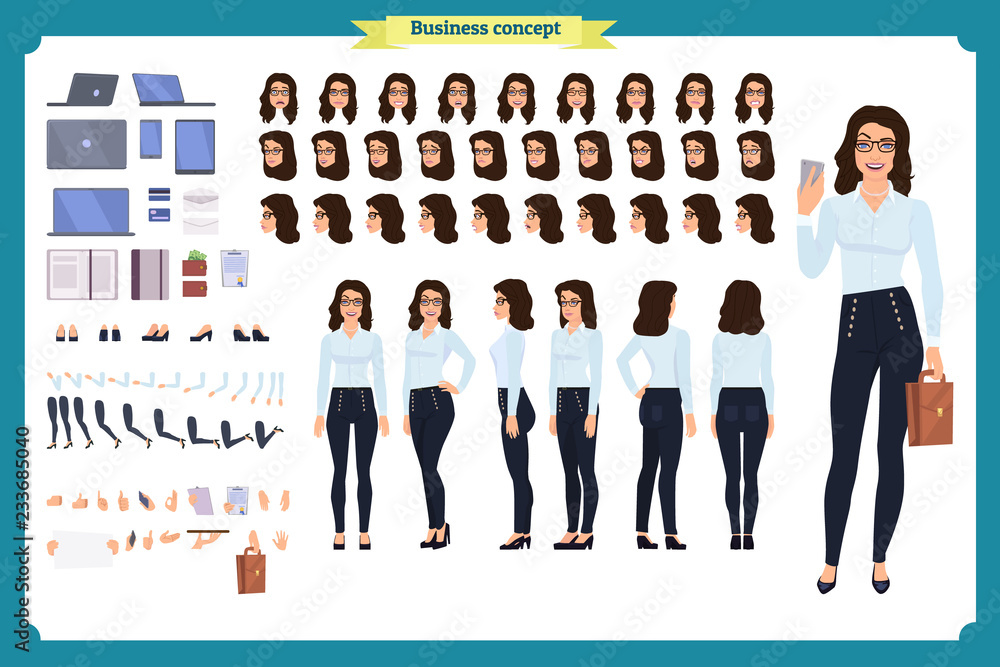Set of Businesswoman character design.Front, side, back view animated ...