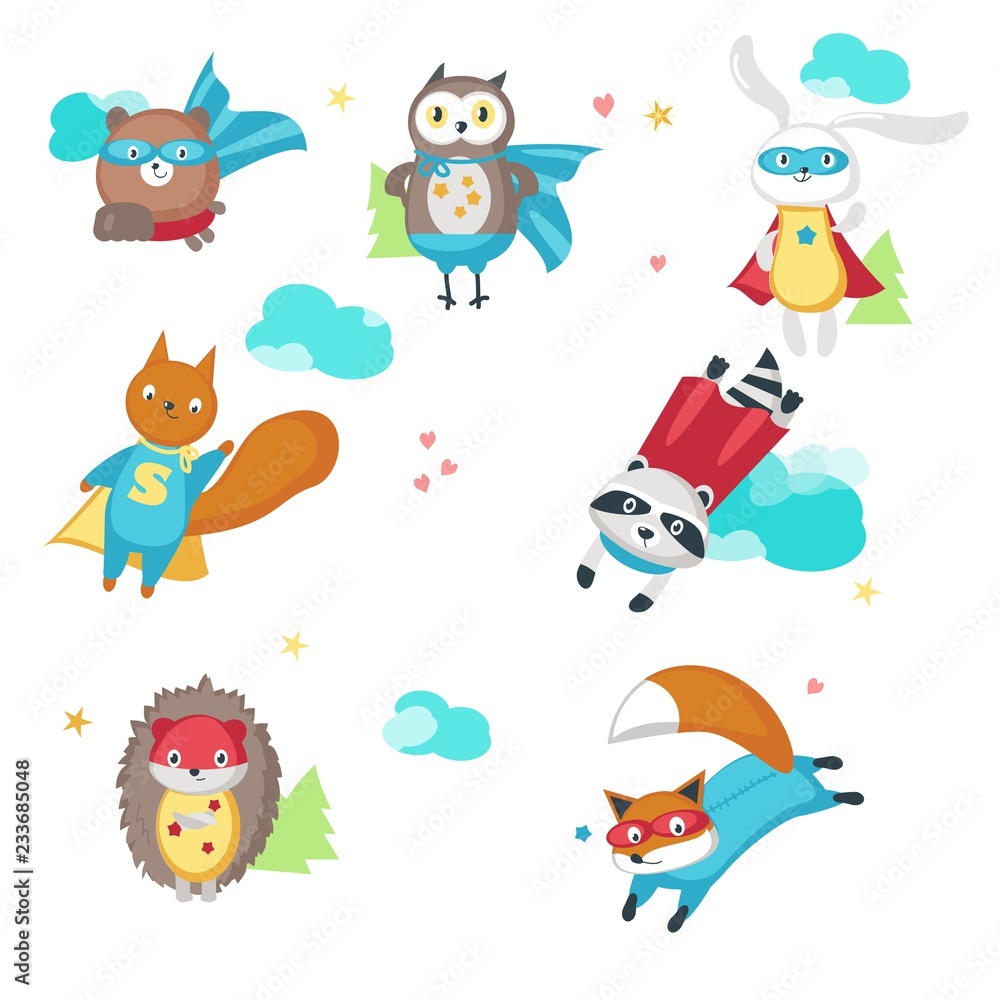 Obraz premium Superhero animals. Vector illustration isolated on white background. Cute little raccoon, rabbit, bear, owl, fox, squirrel and hedgehog in super hero costumes.