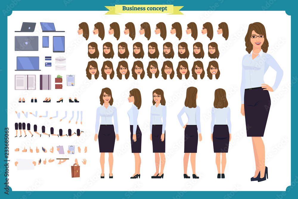 Set of Businesswoman character design.Front, side, back view animated ...