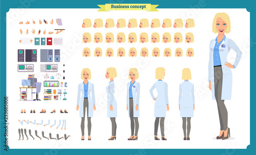 Scientist character creation set. Woman works in science laboratory at experiments. Full length, different views, emotions, gestures. Build your own design. Cartoon flat style infographic