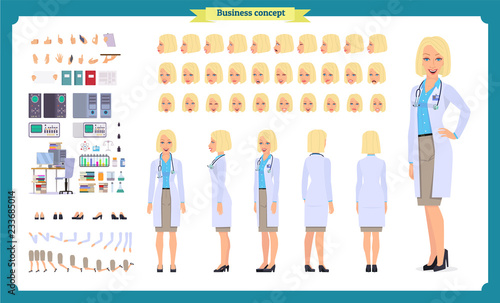Scientist character creation set. Woman works in science laboratory at experiments. Full length, different views, emotions, gestures. Build your own design. Cartoon flat style infographic