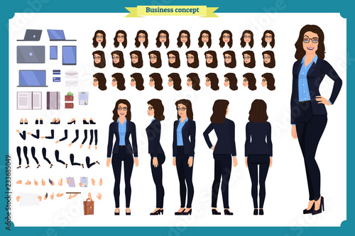Set of Businesswoman character design.Front, side, back view animated character.Business girl character creation set with various views, poses and gestures.