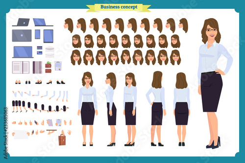 Set of Businesswoman character design.Front, side, back view animated character.Business girl character creation set with various views, poses and gestures.