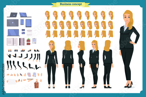 Set of Businesswoman character design.Front, side, back view animated character.Business girl character creation set with various views, poses and gestures.