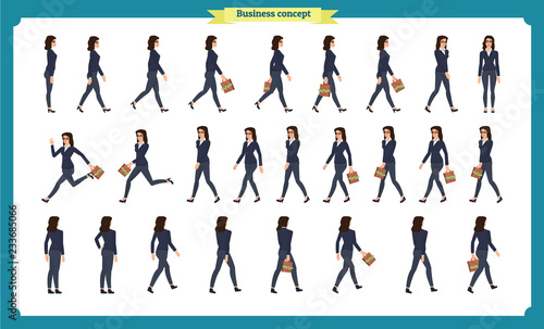 Collection set of walking and running business woman.Walk, run, active. Variety of movements. Flat Character cartoon style, Side view, haft front view,