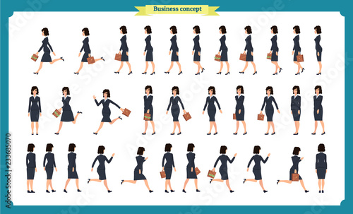 Collection set of walking and running business woman.Walk, run, active. Variety of movements. Flat Character cartoon style, Side view, haft front view,