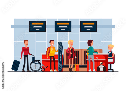 Airport terminal security check-in desk vector illustration