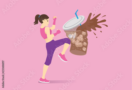 Sport women attack a soft drink glass with knee made water splash out. Concept Illustration about diet with workout.