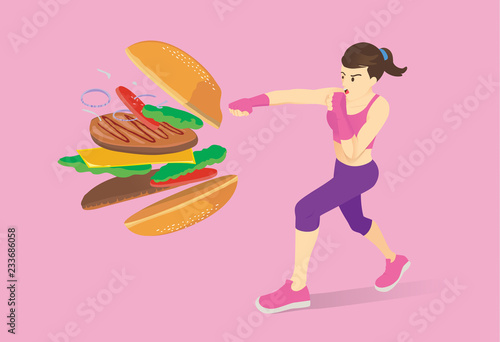 Healthy women punching a hamburger made all ingredient spreading out and floating in the air. Illustration about diet with workout.