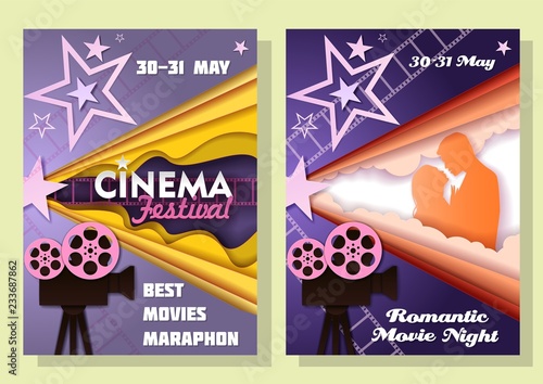 Vector cinema festival posters in paper art style