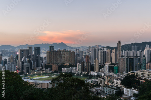 Sunset over Happy Valley district, famous for its horse racecourse in Hong Kong island, Hong Kong SAR in China