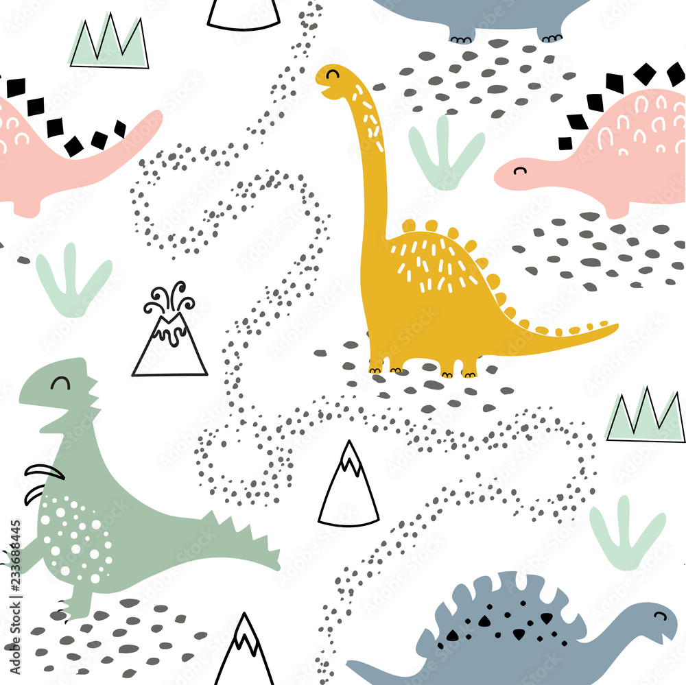 Childish seamless pattern with dinosaurs, volcano, mountains and tropical plants. Hand drawn kids texture in scandinavian style for fabric, textile, nursery decoration, apparel, wallpaper, wrapping