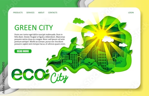 Vector paper cut green city landing page website template