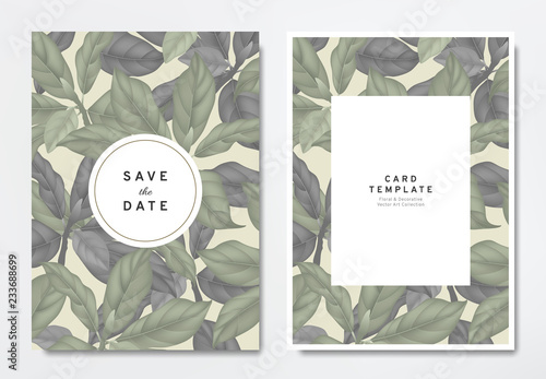 Greenery wedding invitation card template design, green and black magnolia leaves with circle and rectangle frames on light brown, vintage style