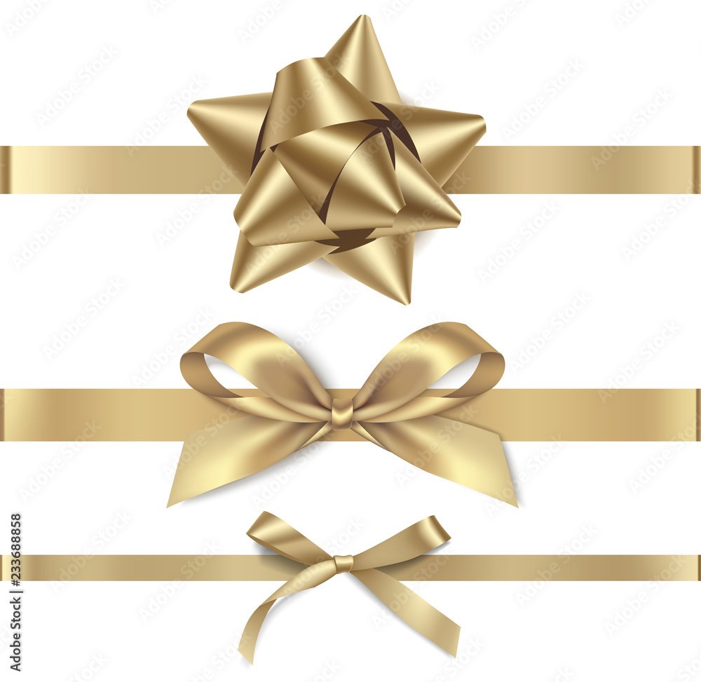 Set of decorative golden bows with horizontal gold ribbon isolated on white background. Vector illustration. Holiday decorations - obrazy, fototapety, plakaty 