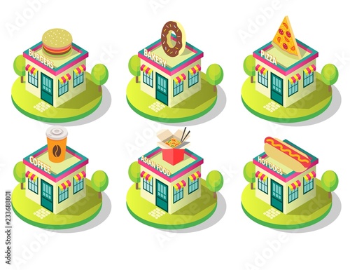 Vector isometric public catering building icon set